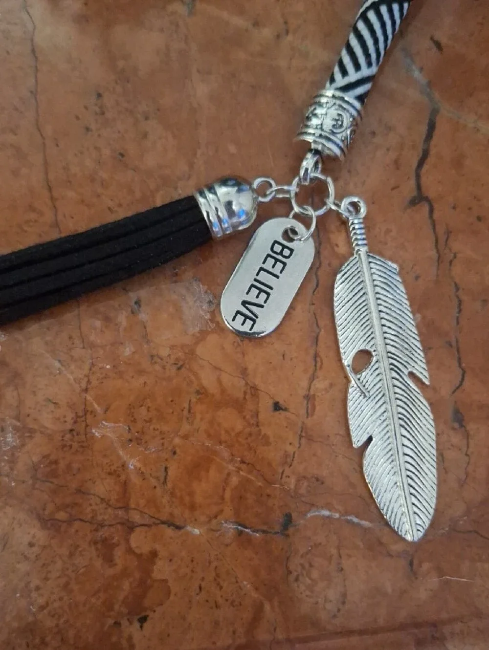 Boho Black & White Braided Tassel Bag Charm Keychain with Feather Charms